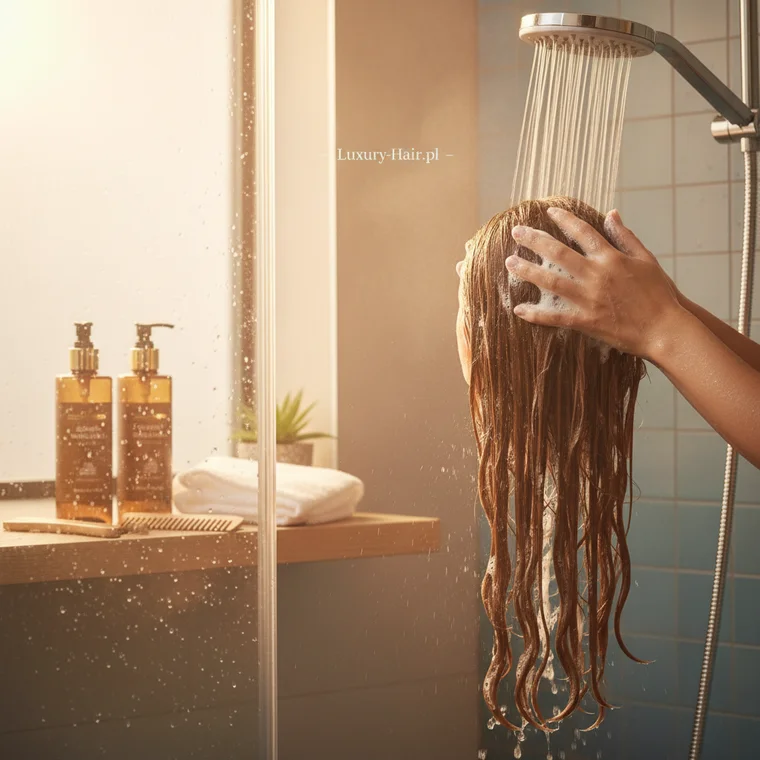 Widok z góry na kobietę podczas mycia włosów szamponem, delikatny masaż skóry głowy i pianę, instrukcja jak prawidłowo myć włosy