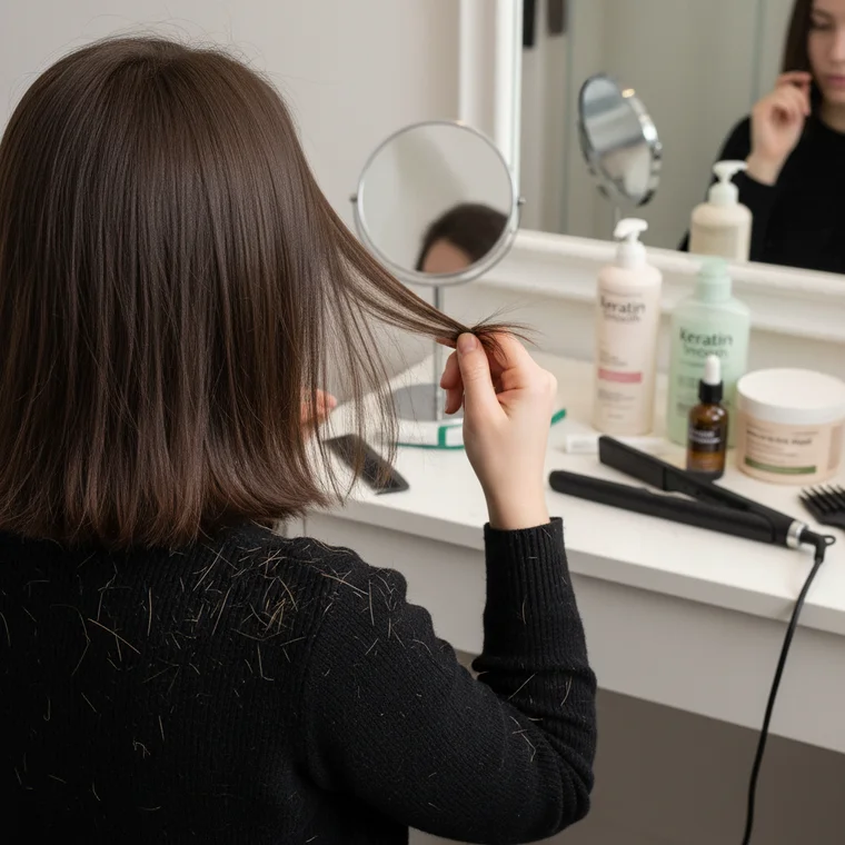 Zbliżenie na rozdwojone, matowe końcówki włosów po nieudanym keratynowym prostowaniu w domu, widoczna łamliwość i brak elastyczności