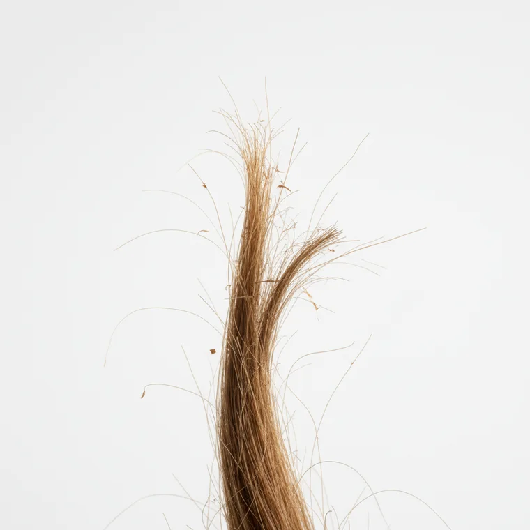 Kobieta pokazująca łamliwe włosy po keratynowym prostowaniu w domu, zbliżenie na zniszczone końcówki i matową strukturę pasm