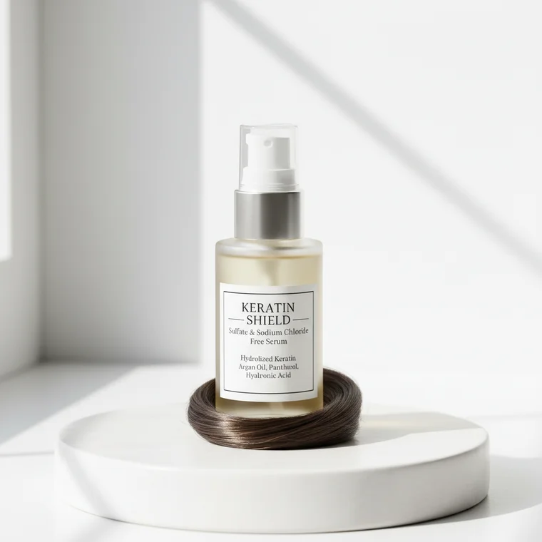 Kobieta z suchymi, łamliwymi włosami po keratynowym prostowaniu ogląda pasma w lustrze i szuka sposobu na poprawę kondycji włosów