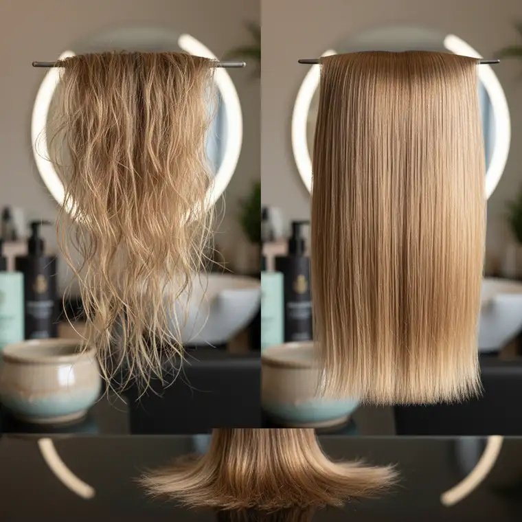 Profesjonalny zabieg keratynowego prostowania włosów wysokoporowatych w salonie fryzjerskim, stylistka wygładza pasma keratyną
