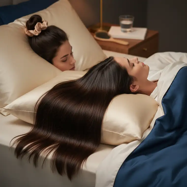 Długie włosy upięte w luźny kok typu ananas, pokazujące jak spać po keratynowym prostowaniu bez załamań i odgnieceń