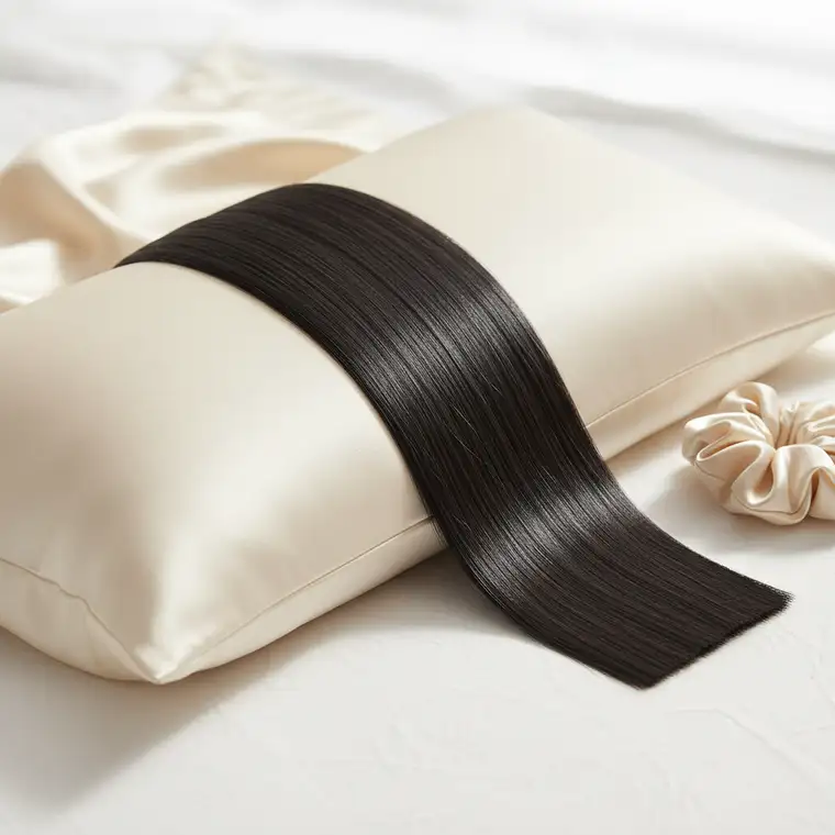 Kobieta z długimi, gładkimi włosami po keratynowym prostowaniu leży na łóżku i pokazuje, jak spać bez załamań włosów po zabiegu