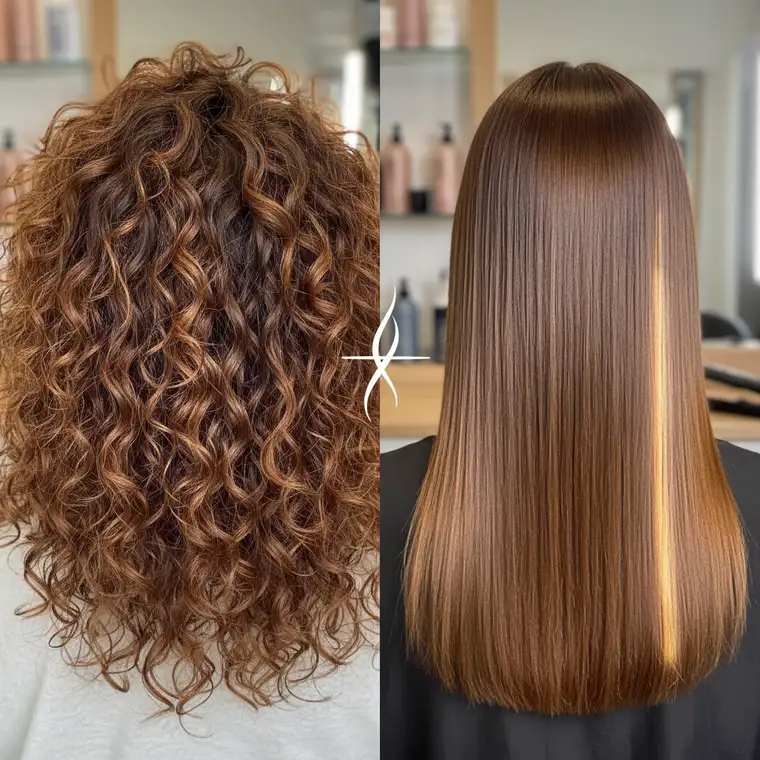 Pielęgnacja włosów po keratynowym prostowaniu, kobieta nakłada odżywkę na włosy 2C–3A, aby wydłużyć efekt wygładzenia