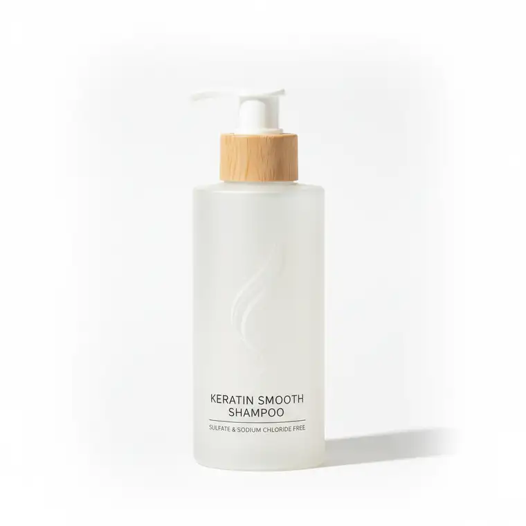 Kobieta z włosami typu 2C–3A po keratynowym prostowaniu, gładkie i lśniące pasma pokazujące efekt zabiegu na lokach kręconych