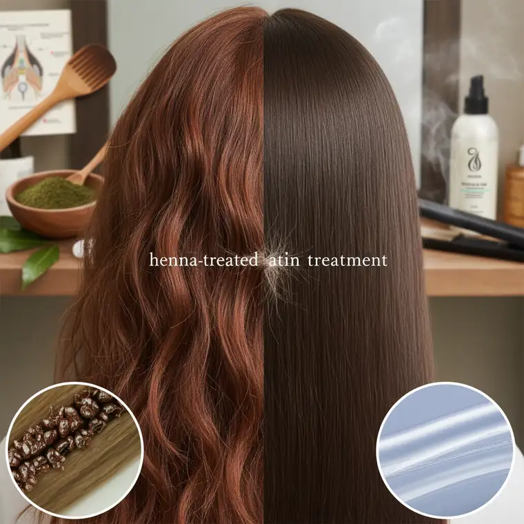 Efekty pielęgnacji i wygładzania włosów po hennie, porównanie przed i po zabiegach regenerujących oraz stylizacji