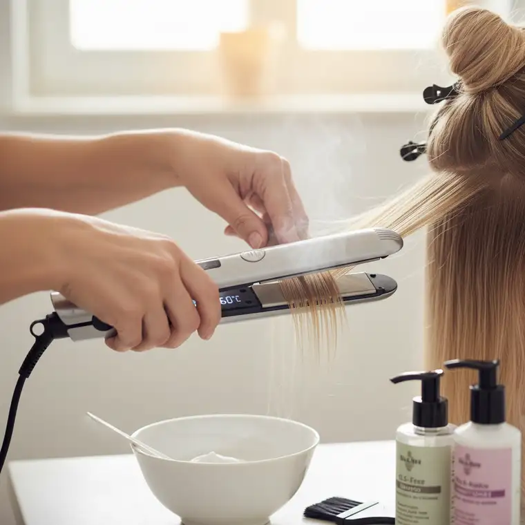 Fryzjer wykonuje keratynowe prostowanie na cienkich włosach, używając prostownicy o niższej temperaturze dopasowanej do delikatnych pasm