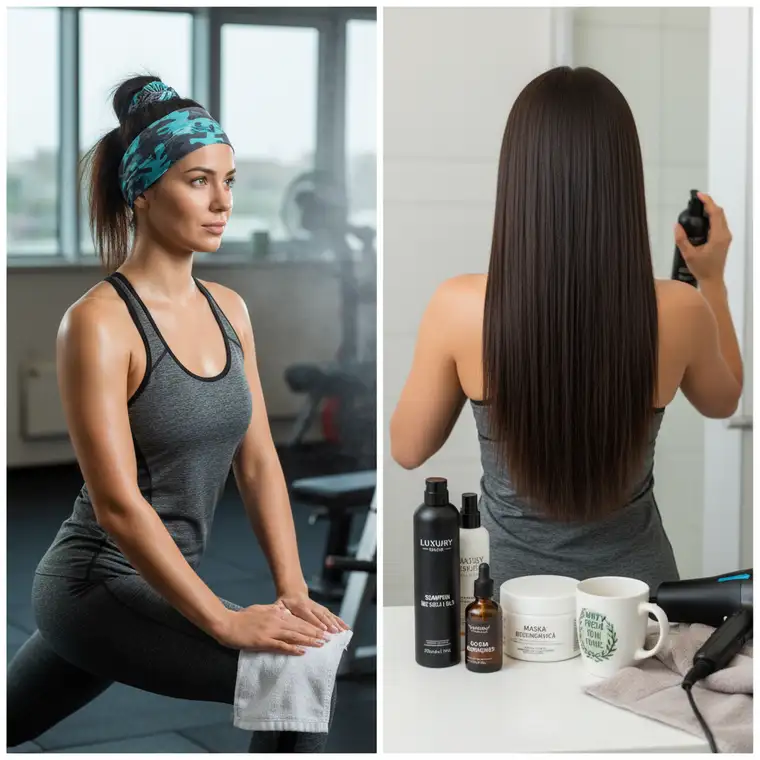 Zadbane włosy po keratynowym prostowaniu suszone chłodnym nawiewem po treningu, aby zminimalizować skutki przepocenia skóry głowy