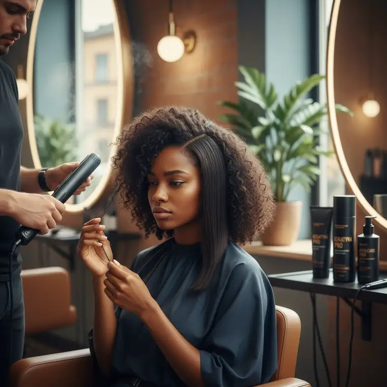 Rezultat keratynowego prostowania włosów afro w Polsce 2026, porównanie przed i po zabiegu z widocznym wygładzeniem i redukcją puszenia