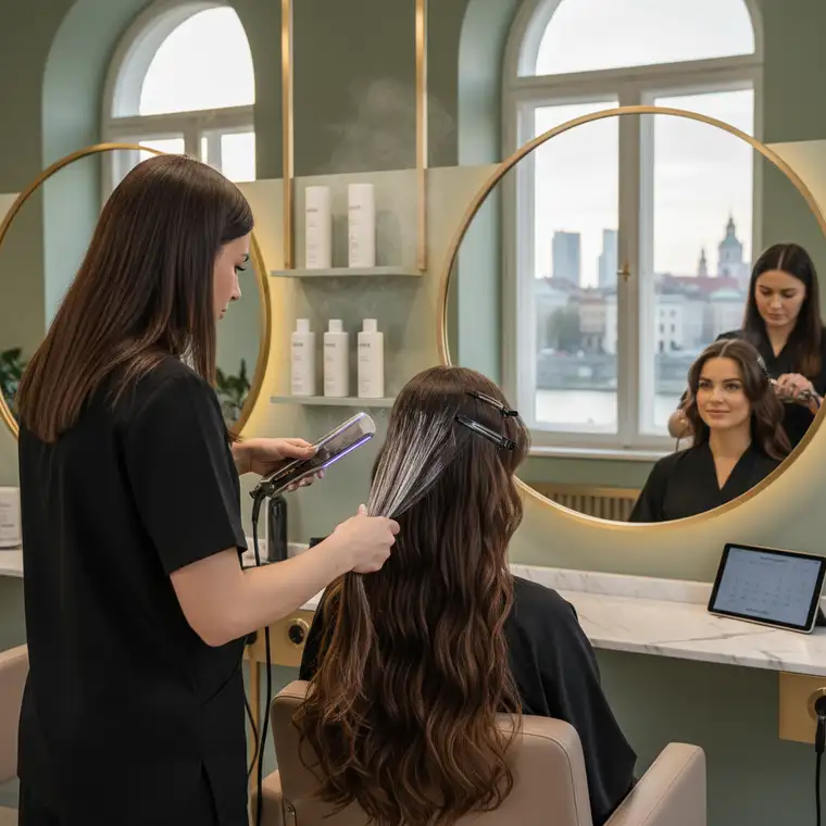 Zbliżenie na aplikację preparatu keratynowego na długie włosy przed prostowaniem w salonie w Warszawie, pokazujące proces i jakość zabiegu