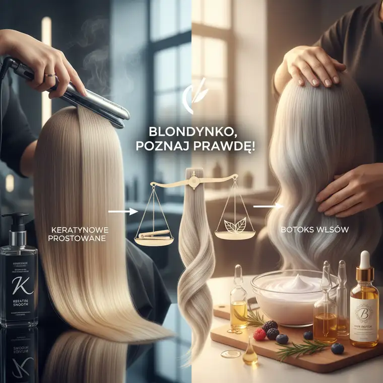 Efekt botoksu włosów na rozjaśnianym blondzie, widoczne wygładzenie, regeneracja i redukcja puszenia delikatnych pasm