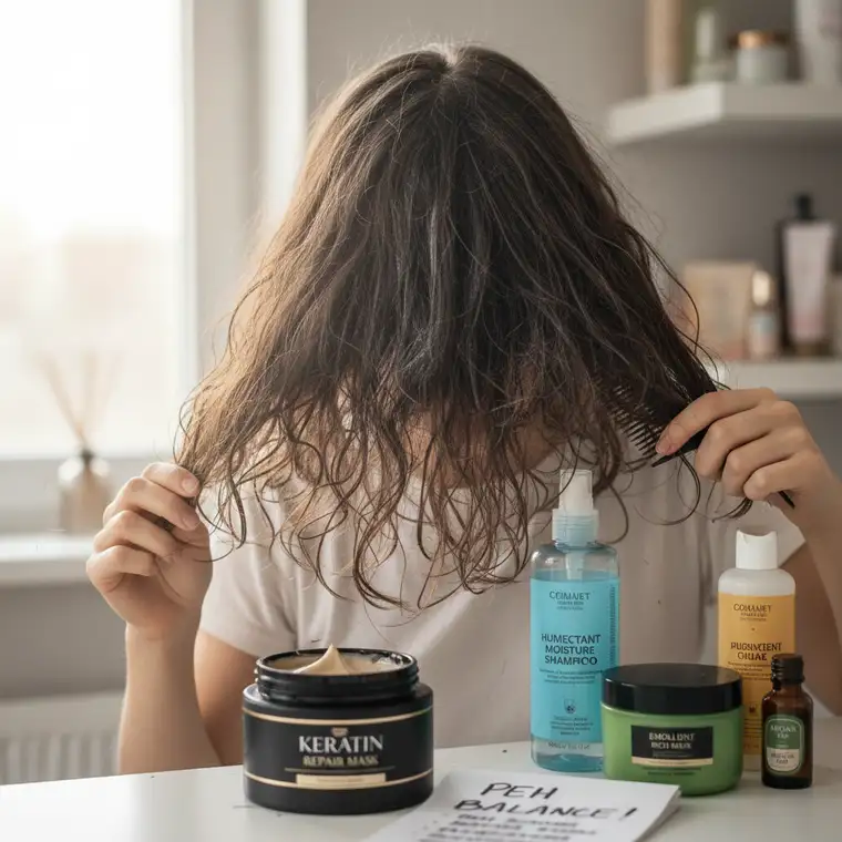 Zbliżenie na włosy przed i po przeproteinowaniu po masce keratynowej, porównanie matowych, sztywnych pasm z miękkimi, błyszczącymi po regeneracji