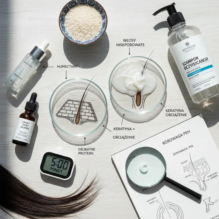 Zbliżenie na gładkie, niskoporowate włosy po pielęgnacji, ilustrujące jak właściwe użycie maski keratynowej zapobiega obciążeniu i przeproteinowaniu pasm