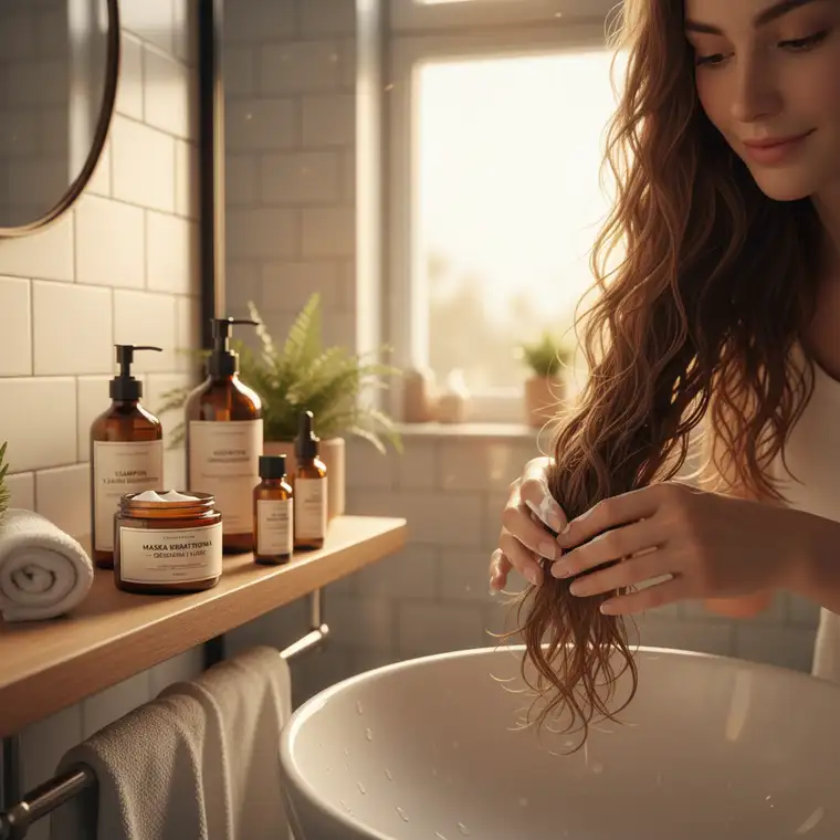 Zbliżenie na gładkie włosy średnioporowate po masce keratynowej i emolientowej, efekt braku przeproteinowania i odpowiedniej równowagi PEH