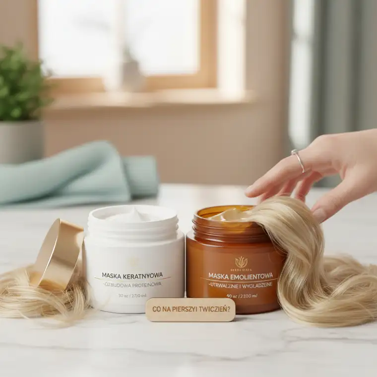 Kobieta z rozjaśnionymi włosami nakłada maskę emolientową, pokazując właściwą pielęgnację po rozjaśnianiu w pierwszym tygodniu