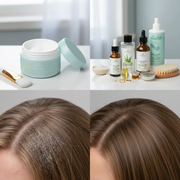 Dłonie nakładające maskę keratynową na długość zniszczonych włosów, z wyraźnym ominięciem skóry głowy z suchym łupieżem