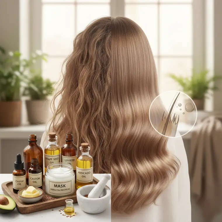 Zbliżenie na końcówki włosów wysokoporowatych po masce keratynowej, wygładzone lekkim olejkiem pełniącym funkcję serum ochronnego
