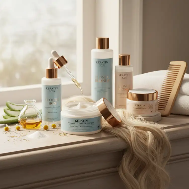 Blond włosy po rozjaśnianiu podczas aplikacji łagodnej maski keratynowej z drogerii, poprawa blasku i struktury w 2026 roku