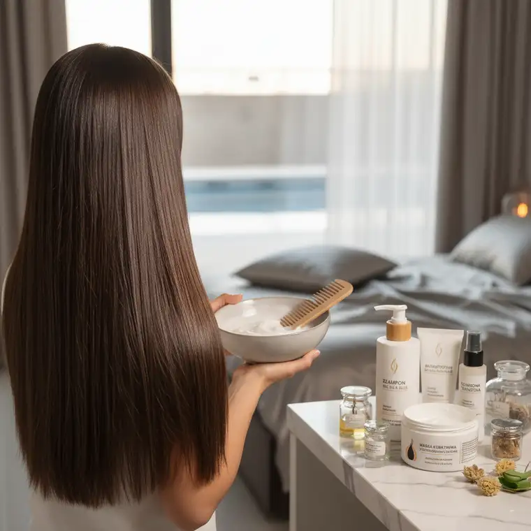 Gładkie, proste włosy po keratynowym prostowaniu są rozczesywane po użyciu maski keratynowej, by nie skrócić efektu zabiegu