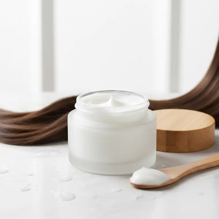 Kobieta po keratynowym prostowaniu nakłada maskę keratynową na długie gładkie włosy, dbając o to, jak często używać maski keratynowej na włosy po zabiegu