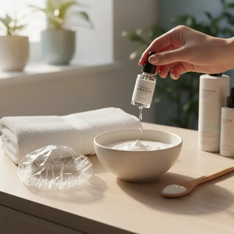 Domowa maska keratynowa w miseczce, obok pipeta z hydrolizowaną keratyną w płynie – przepis dla początkujących krok po kroku