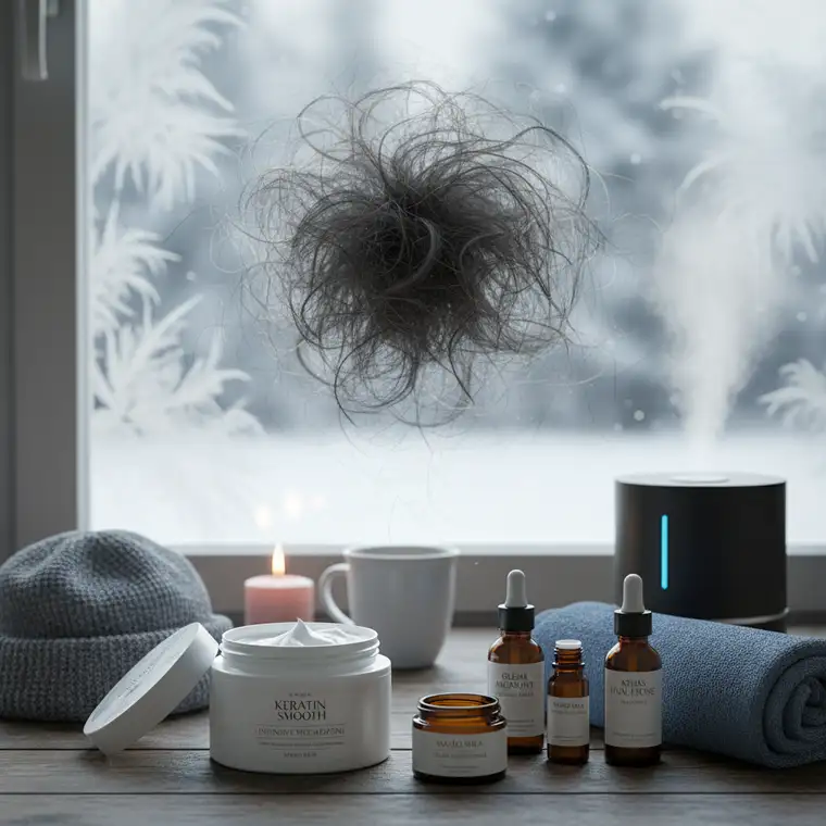 Kobieta nakłada emolientowo-humektantową maskę na długie włosy, obok opakowanie maski keratynowej; wizualizacja równowagi PEH zimą