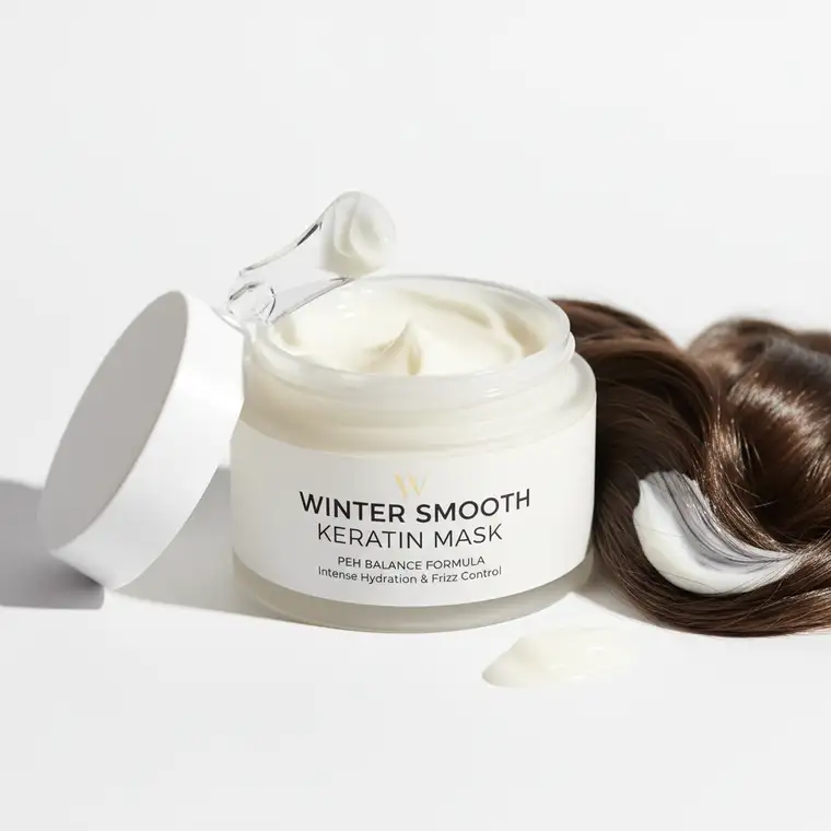 Zbliżenie na długie, puszące się zimą włosy kobiety, obok maska keratynowa; ilustracja problemu dlaczego maska keratynowa nie wygładza włosów