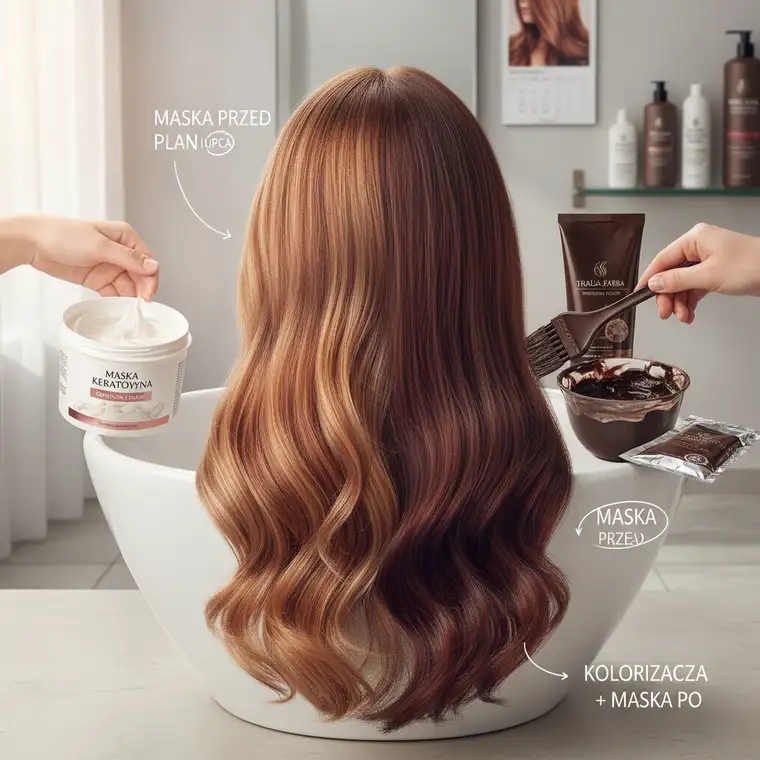 Fryzjerka nakłada farbę na włosy klientki po odpowiedniej przerwie od keratyny, by kolor był równomierny i trwały