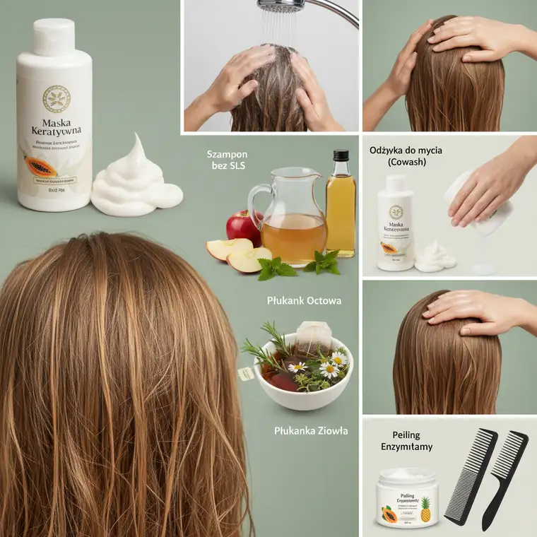 Delikatny peeling enzymatyczny nakładany na skórę głowy pomaga zmyć nadmiar maski keratynowej z włosów cienkich bez użycia SLS