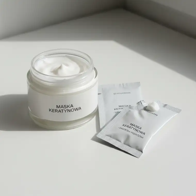 Zbliżenie na maskę keratynową w słoiku i saszetkach podróżnych, porównanie form opakowań idealnych na wyjazd i do bagażu podręcznego