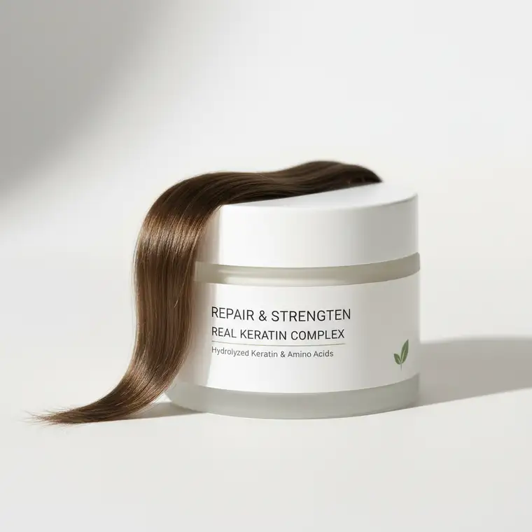 Kobieta analizująca skład maski do włosów z keratyną w drogerii, porównująca realną keratynę z marketingowym hasłem keratin na opakowaniu