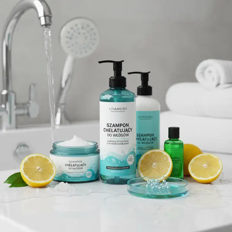 Zbliżenie na pasma włosów i butelkę szamponu chelatującego, ilustracja działania na osady z twardej wody i chloru