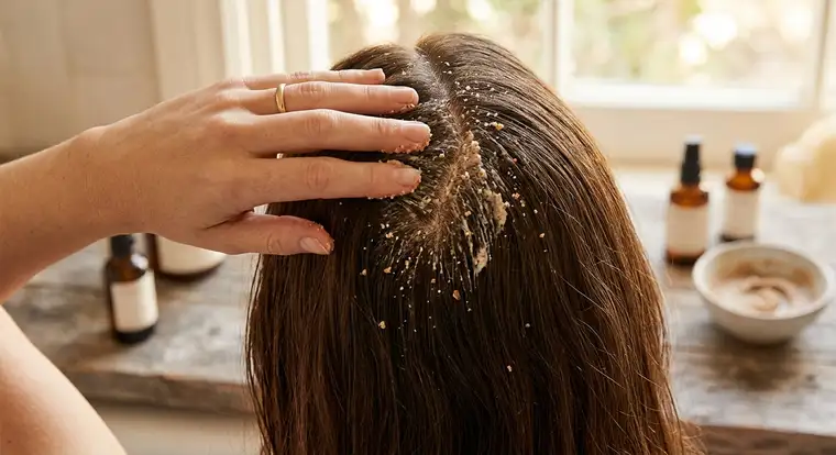 Produkty do peelingu skóry głowy enzymatycznego i mechanicznego na tle łazienki, porównanie formuł i tekstur do oczyszczania skóry głowy